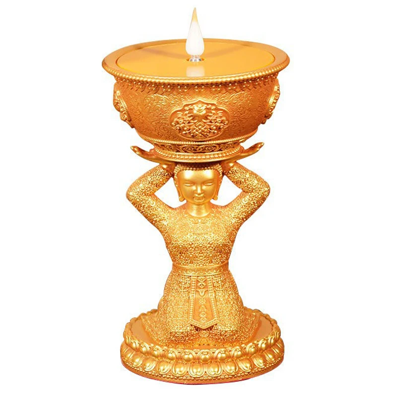 22cm Electronic Butter Lamp Rechargeable Flameless Buddhist Oil Lamp Tibetan Thailand Wax Portable Buddha Candlestick Home Decor