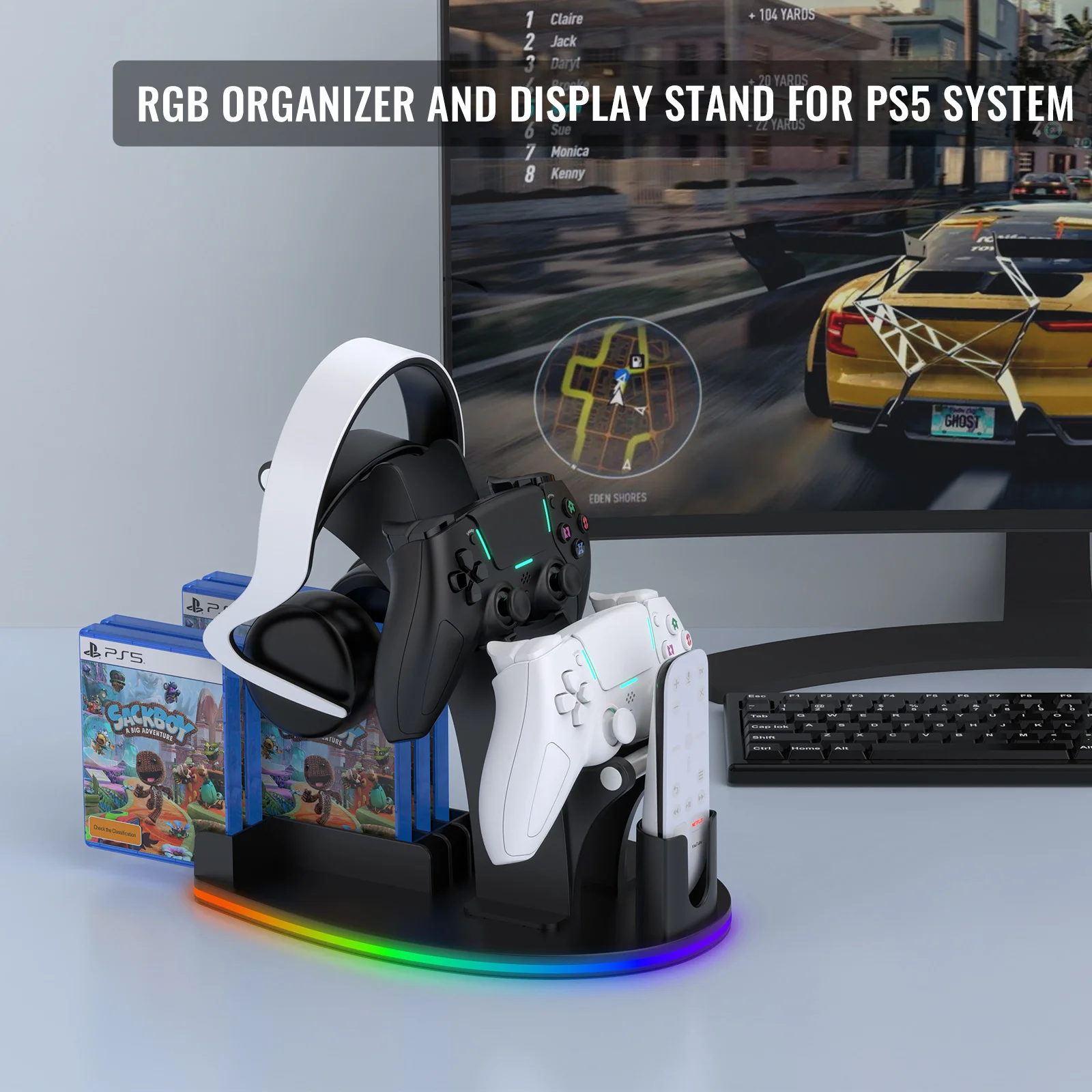 PS5 Desktop Storage Stand with RGB Lights Headphones/Controllers/Remote Players/Discs Illuminated storage rack Game accessories view 6