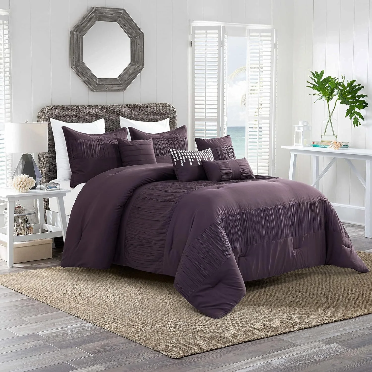 Piece Full|Queen Comforter Set with Shams Cushions, Plum Purple Elegant Bright Modern Pattern, Bed Cover Bed in a Bag,