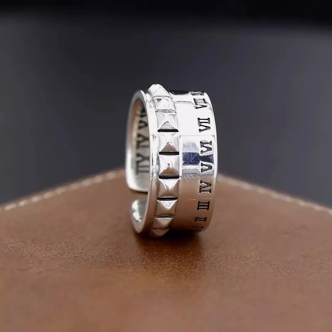 Anillo de escala de números romanos de plata de ley S925, anillo de remache punk hip-hop de moda para hombres con apertura ajustable, famoso en Internet