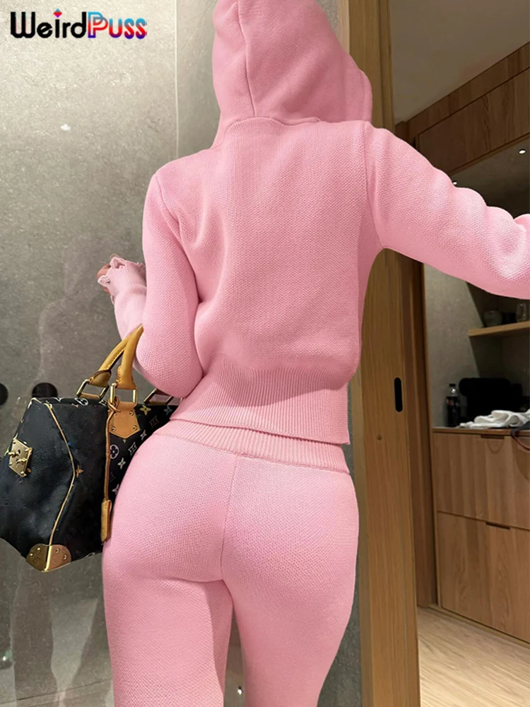 Weird Puss Casual Sporty 2 Piece Set Women Tracksuit Knit Hooded Zip Jacket+Straight Pants Sporty Stretch Matching Streetwear