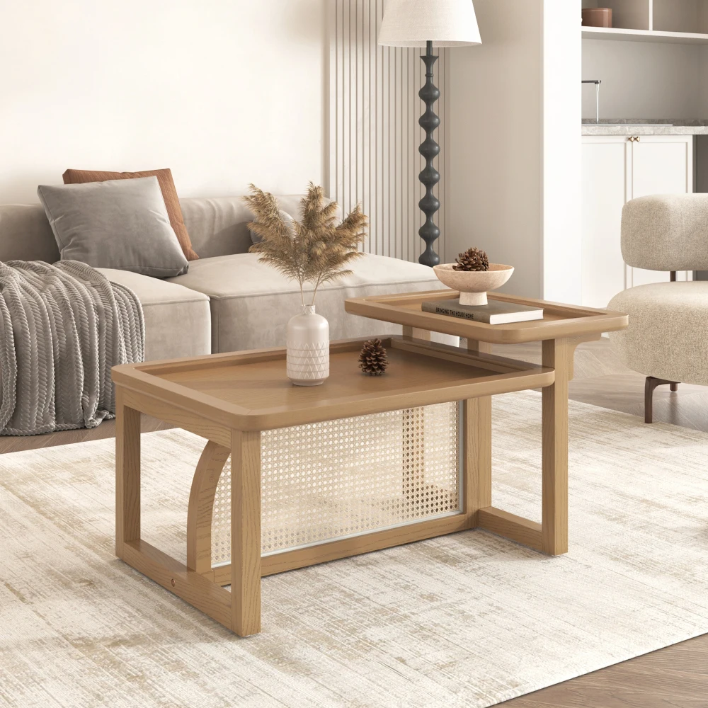 Modern 2 Piece Nesting Rattan Wood+ MDF Coffee Table Set in Natural Coffee Tables Living Room Furniture Side Tables