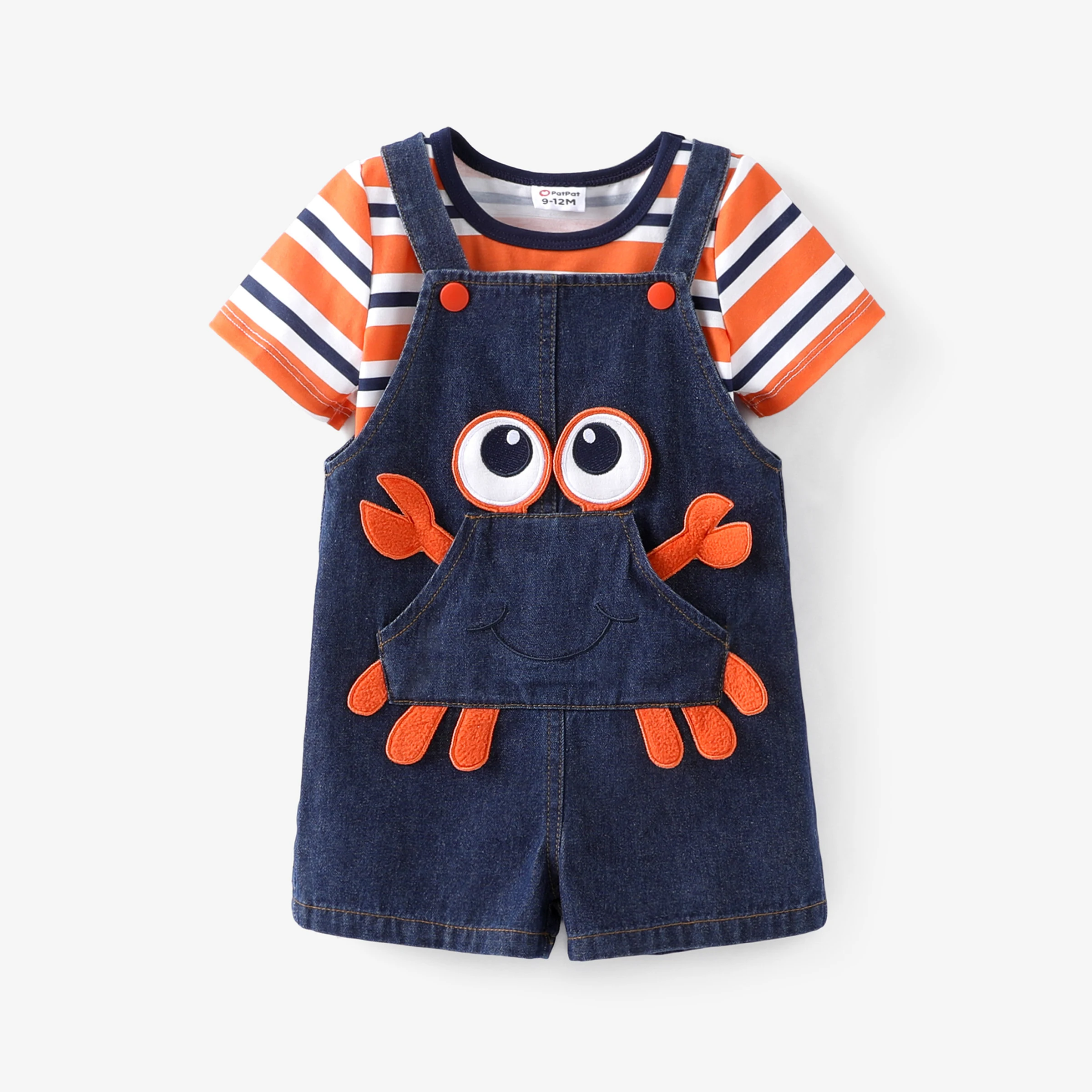 

PatPat Baby Boy 2pcs Striped Tee and Crab Embroidery Overalls Set
