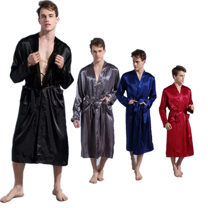 Men\'s Satin Kimono Robe Silky Long Bathrobe Pockets Lightweight Loungewear Men Dressing Gown Wedding Party