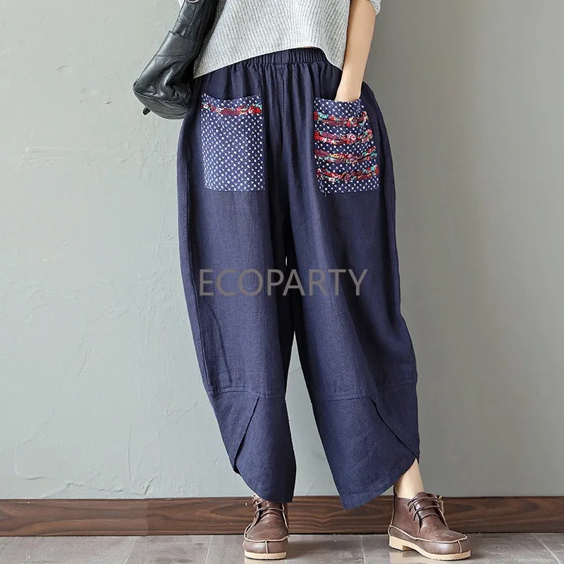 

Autumn Ethnic Style Patchwork Cotton Linen Wide Leg Pants with Elastic Waist Pocket Decoration and Loose Women's Cropped Pants