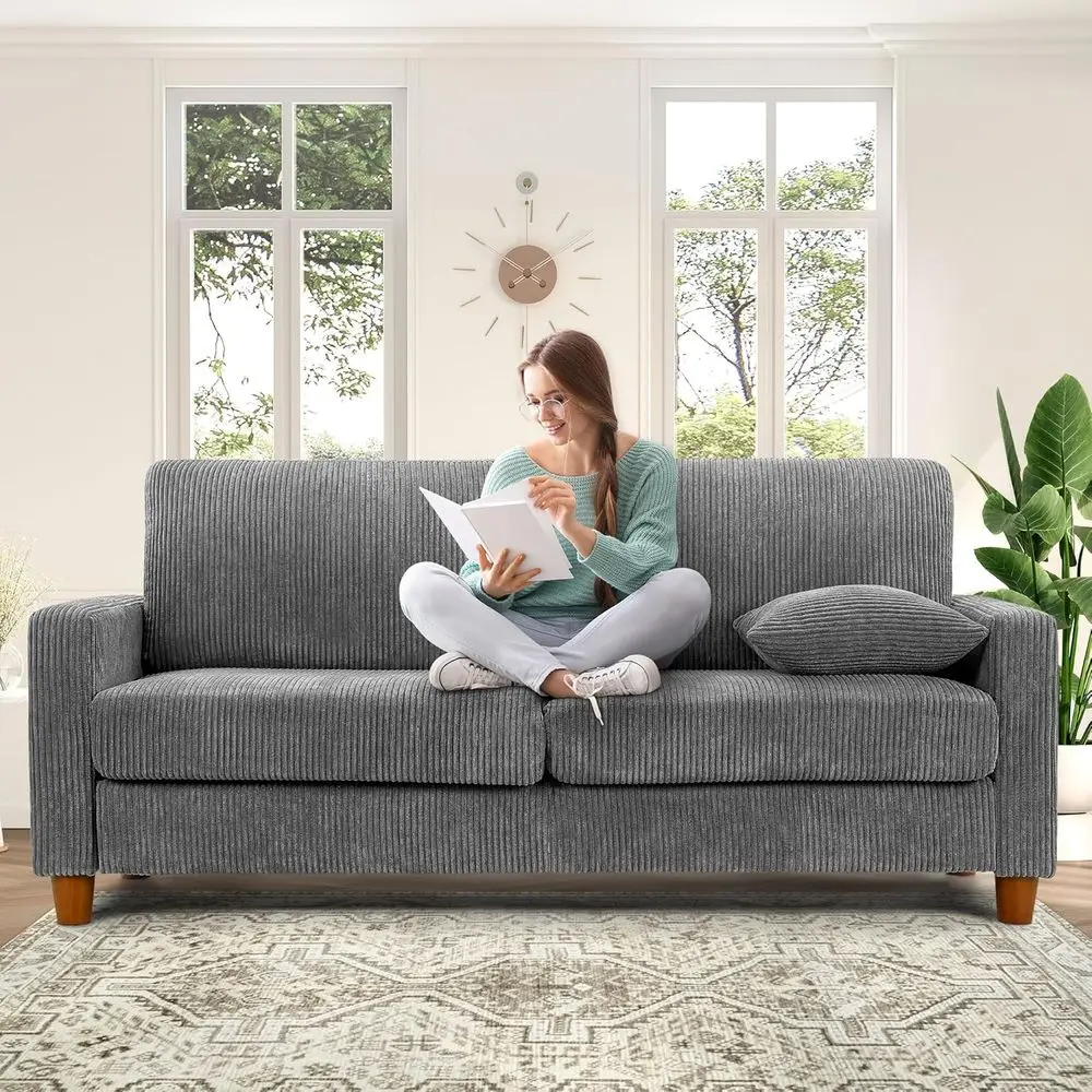 

70 Corduroy Loveseat Sofa, Comfortable 21 Deep Seating, Boho Style Couch with 2 Pillows, Grey Sofa for Small Living Rooms