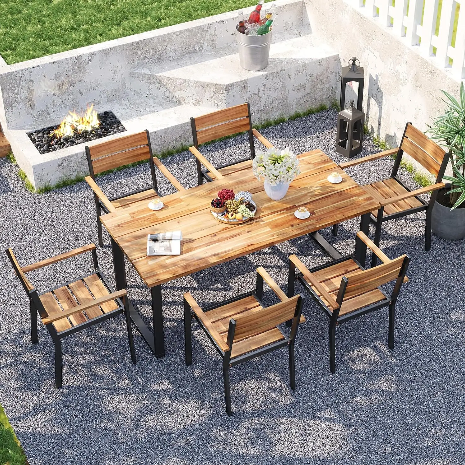 7 Pieces Acacia Wood Patio Dining Set with Metal Frame, Space-Saving Outdoor Furniture Set with 6 Stackable, Customized