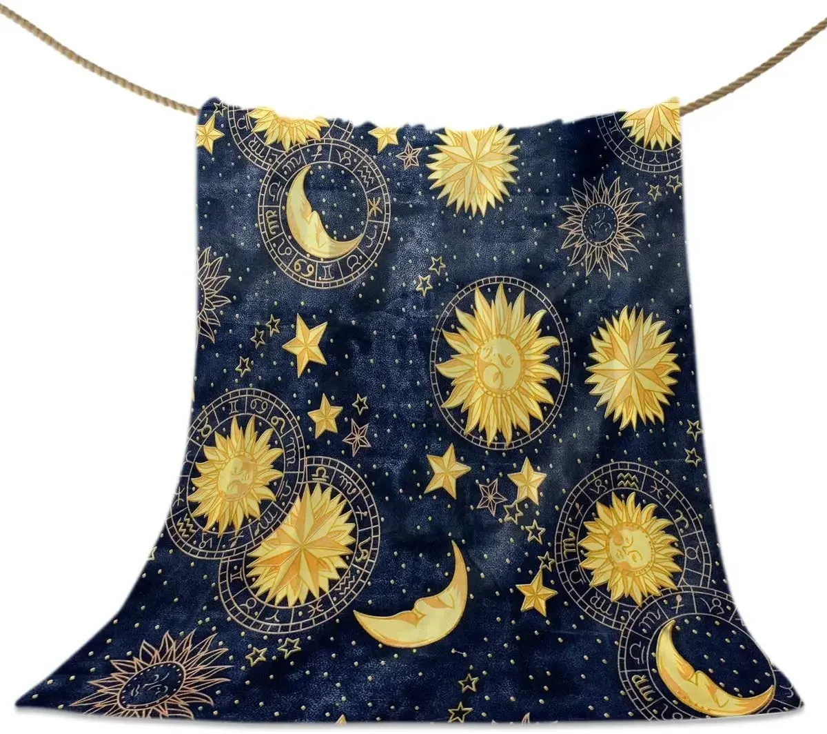 Flannel Throw Blankets Boho Chic Golden Sun Moon and Stars Blue Black Sky Antique Blankets Lightweight Soft Cozy Warm,Custom