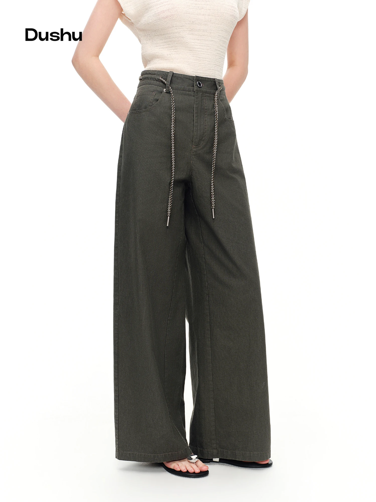 Calça Feminina DUSHU 2026 de Verão Vintage com Lavagem Especial, Cintura Alta e Perna Reta com Detalhe de Amarração - Calça Elegante e Versátil para o Dia a Dia