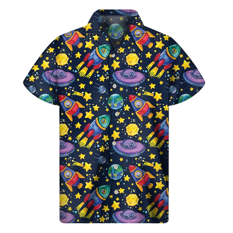 Cartoon Rocket Stars 3d Printed Shirt Men Summer Vacation Loose Short Sleeves Hawaiian Tee Shirts Button Lapel Aloha Blouse