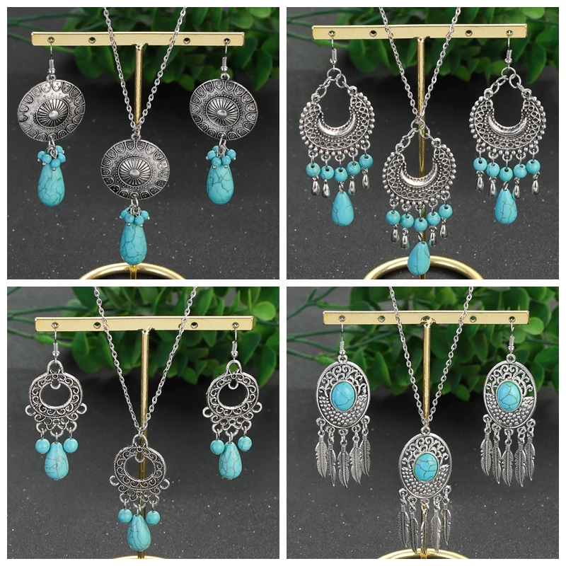Böhmisches Türkis-Quasten-Schmuckset für Damen, silberfarbene Legierung, runde Ohrhänger, Halsketten-Sets, ethnische indische Schmuckgeschenke