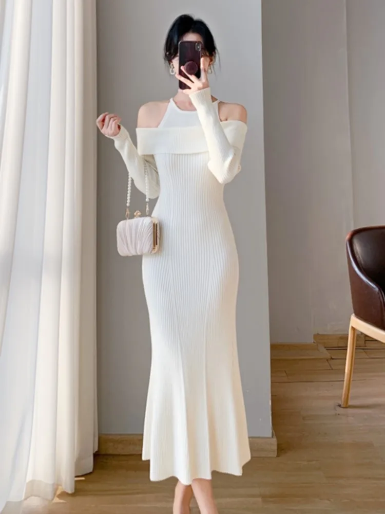 

Sexy Off Shoulder Knitted Dress Autumn Women Solid Long Sleeve High Waist Fishtail Vestidos Korean Elegant Chic Sweater Dress