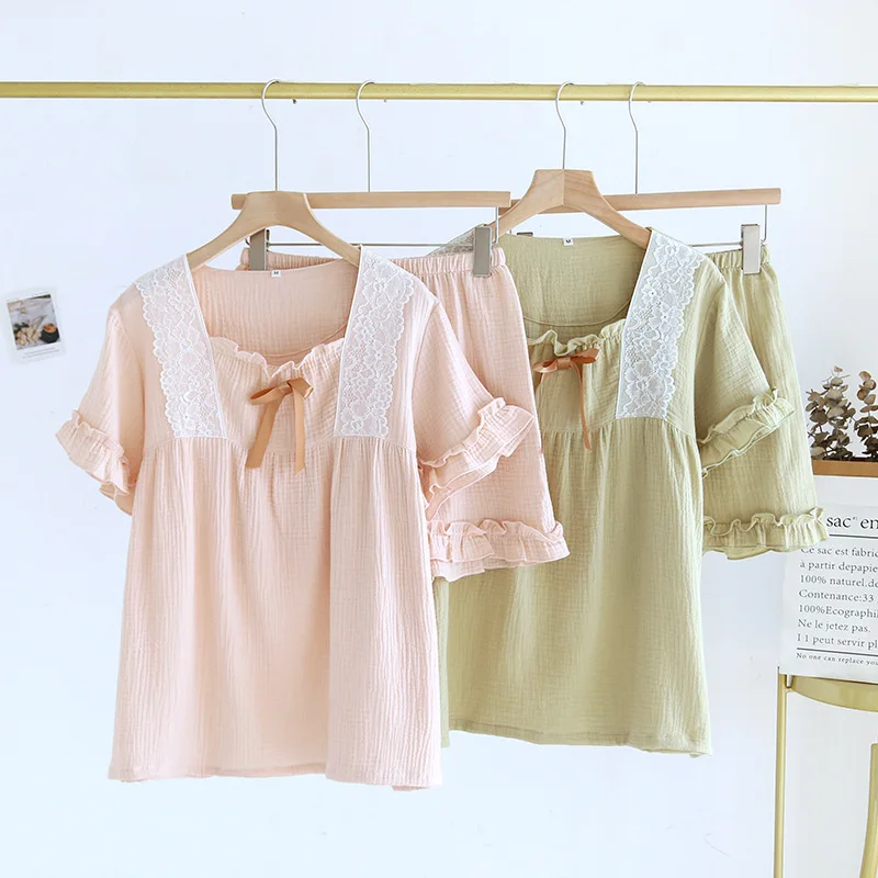 

Новинка 2024, японская женская летняя Пижама, комплект из двух предметов с коротким рукавом и шортами, Женский хлопковый креп, милый вертикальный домашний комплект из двух предметов