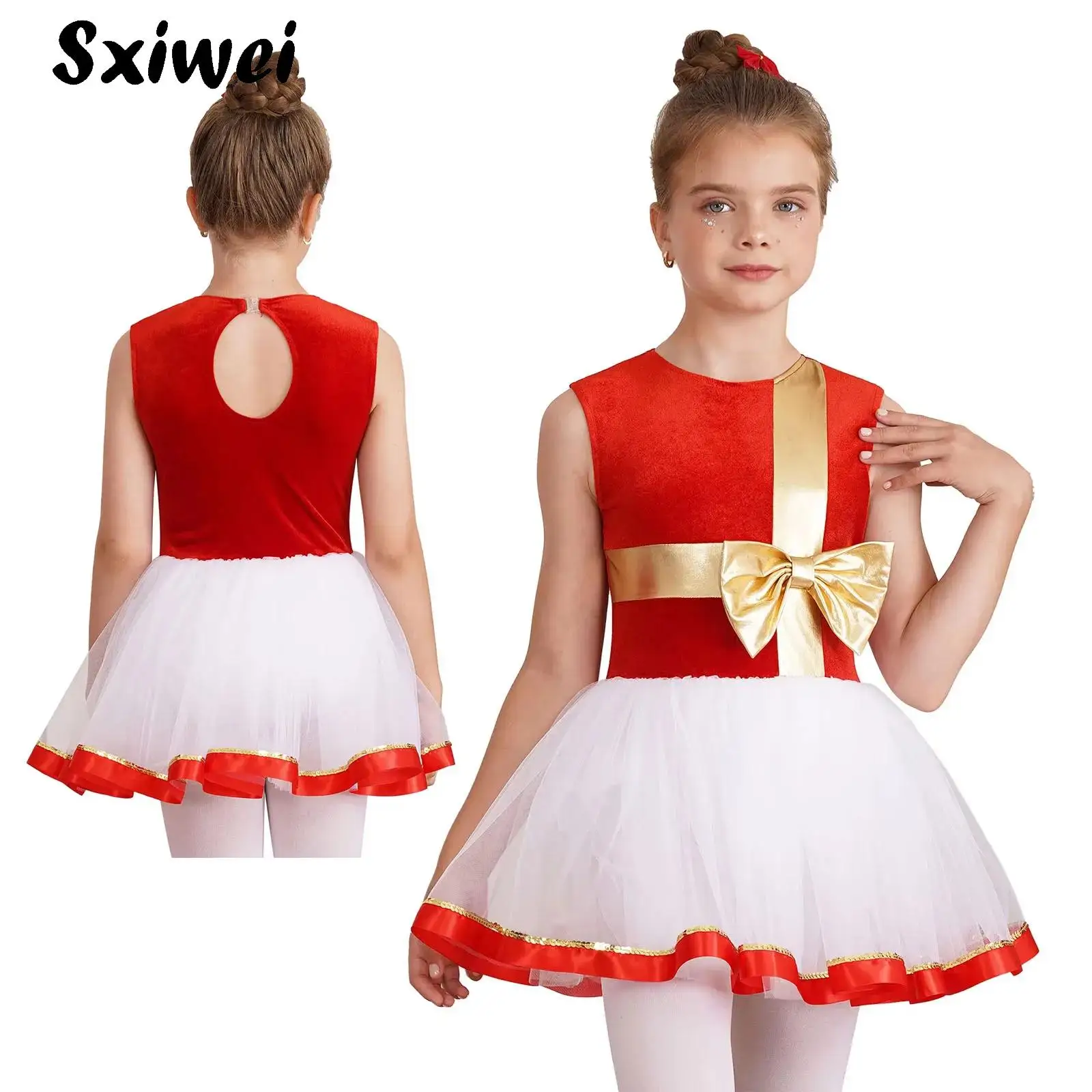 

Kids Girls Big Bow Christmas Ballet Dance Tutu Dress Sleeveless Mesh Skirt Leotard Figure Skating Gymnastics Performance Costume