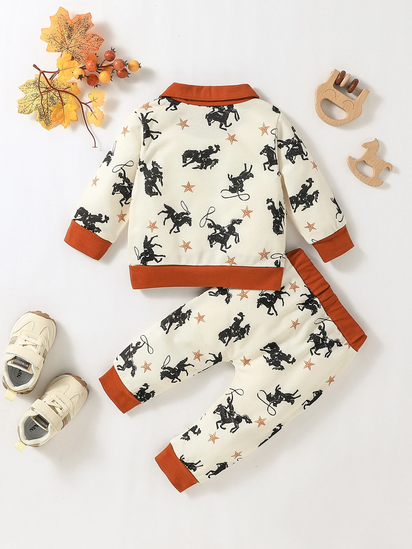 Baby Boys Print Horse Fall Turn-down Collar Fashion Long Sleeve Top+ Trousers For 1-3Y Children Pansuit