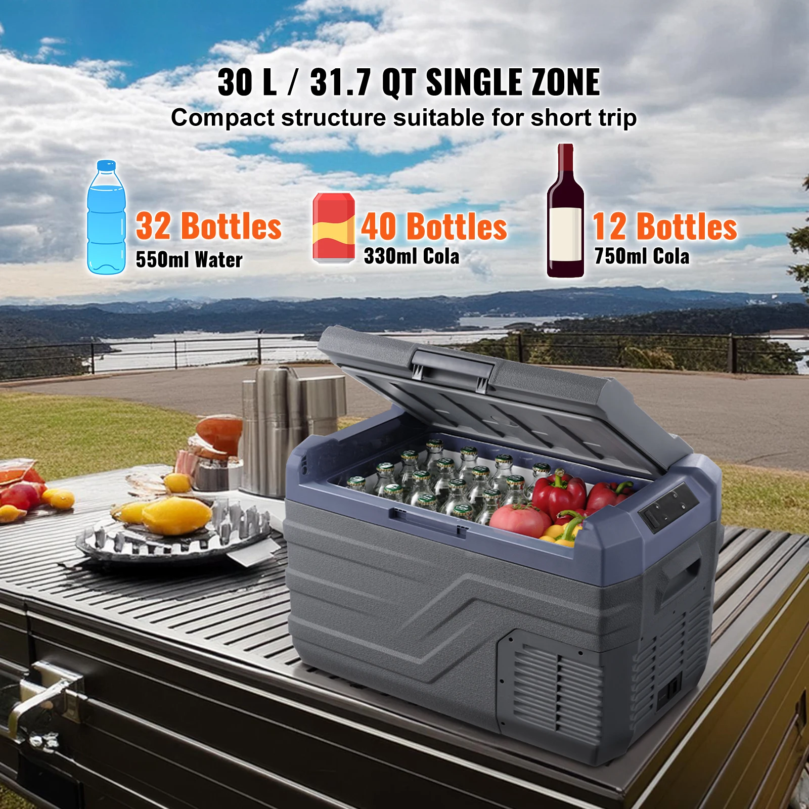 SucceBuy 30/37/45L Car Refrigerator Single Zone Portable Freezer&Built-in Light Compressor Cooler for Outdoor Camping RV