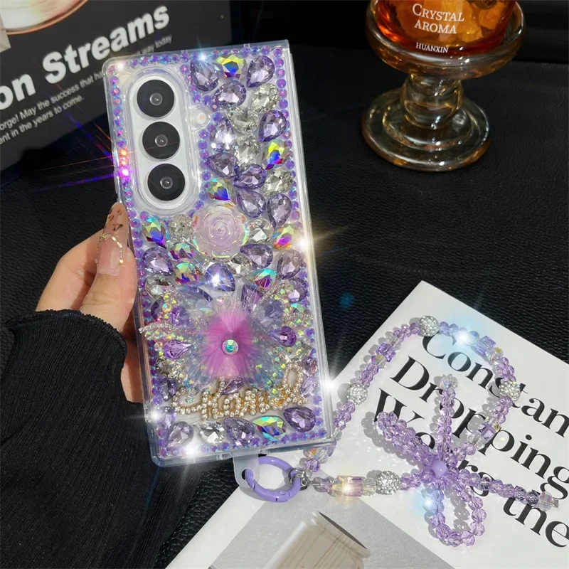 

Phone Case for Samsung Galaxy Z Fold 7 6 5 4 3 5G Luxury Cute Butterfly Pearl Diamond Crystal Wrist Strap Glitter Candy Cover