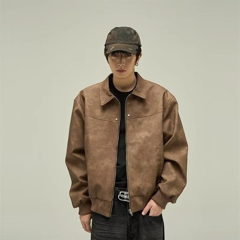 

Vintage Brown Leather Jacket Men Women Couple Biker Fashion Loose Flight Jacket Outerwear Retro Style