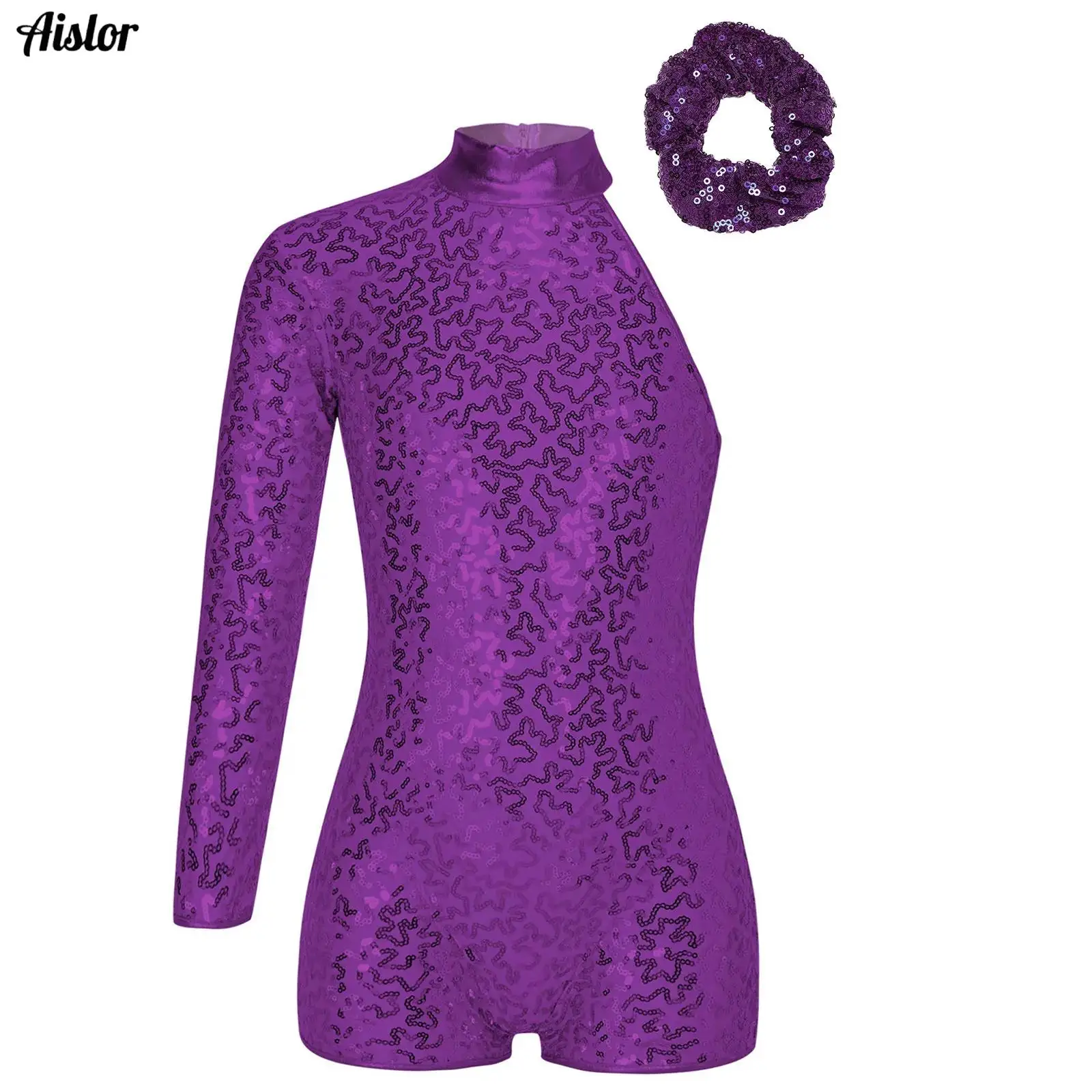 

2Pcs Kids Girls Jazz Dance Jumpsuit Asymmetric One Shoulder Long Sleeve Shiny Sequins Dance Leotard+Hair Band Ballet Dancewear