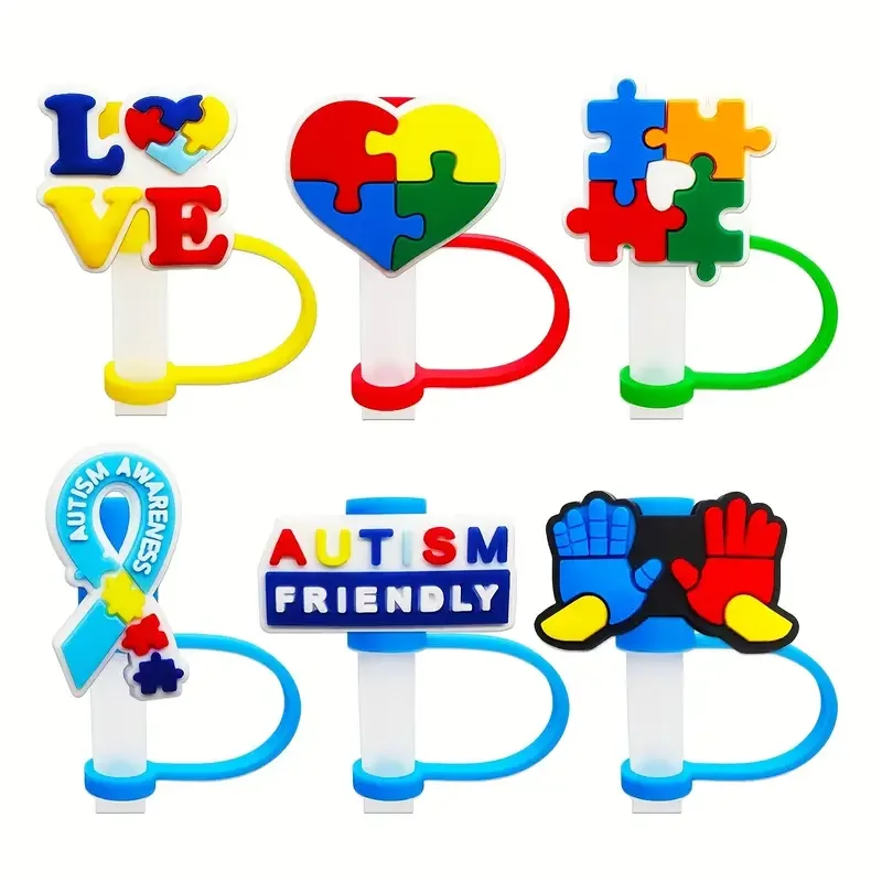 6pcs Autism Awareness Straw Cover Fits Tumbler Cup for Cup, Straw Topper Lids Accessories Acc, Reusable Straw Head Protective Cover for 10mm/0.4 Inches Diameter Straw