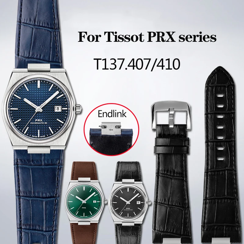 New Genuine Leather Watchband with Steel End Link For Tissot PRX Series Watch Band T137.407/410 Super Player Strap Bracelet Blue