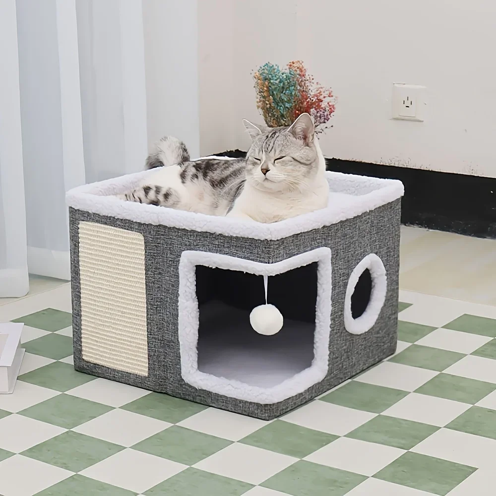 Luxury Double-Layered Cat Bed - All-Season Enclosed Nest with Sisal Scratching Board & Non-Slip Base, Includes Mat - Grey