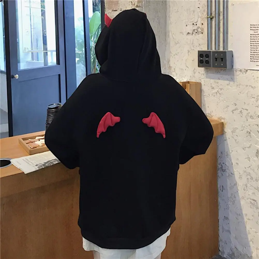 Hoodie Coat Men Warm Coat Women\'s Gothic Hooded Sweatshirt with Little Devil Horns Demon Fly Wings Loose Fit Pullover for Girls