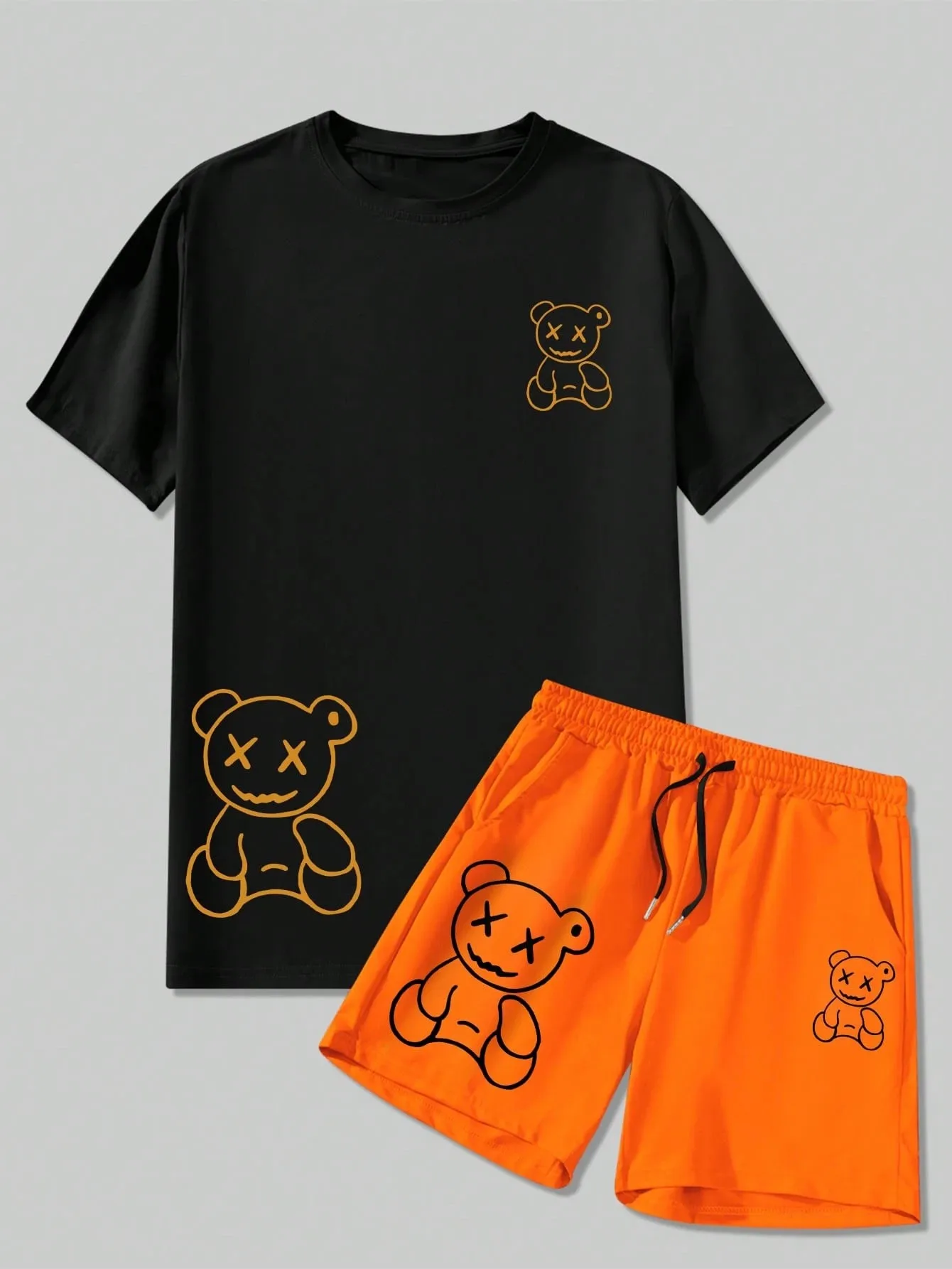 

2026 Summer New Men's Short-Sleeved Set With 3D Bear Pattern Print Street Casual Fashion Comfortable And Soft