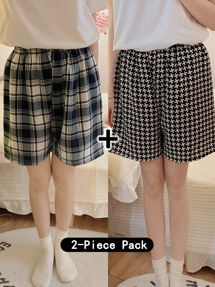 

2PCS Women's Summer Thin Short Pants Sleepwear Loose Sweet Plaid Print Comfortable Casual Home Clothes