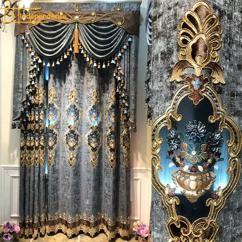 

Customized European Blue Gray Embroidered Window Screen Jacquard Chenille Curtains for Living Room Bedroom Villa French Window