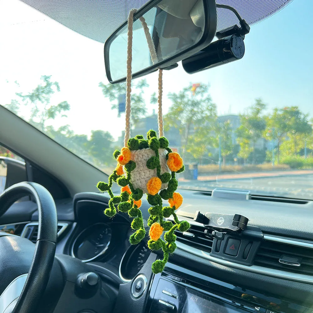 Handmade Cute Crochet Car Hanging Plant Rear view Mirror Plant Decoration Succulent Hanging Plant Car Accessory Gift