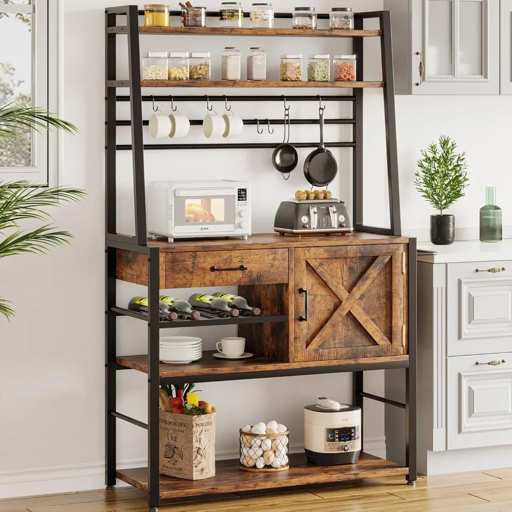 

Baker's Rack, Coffee Bar Cabinet, Farmhouse Microwave Stand with Wine Rack, Drawer and 8 Hooks for Kitchens with Storage,