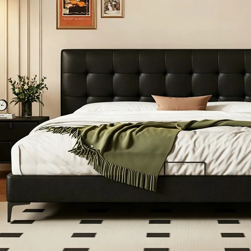 Italian Minimalist Waffle Thin Bedhead Leather Twin Bed For Small Apartments With High Storage Box Home Bedroom Decor Furnish