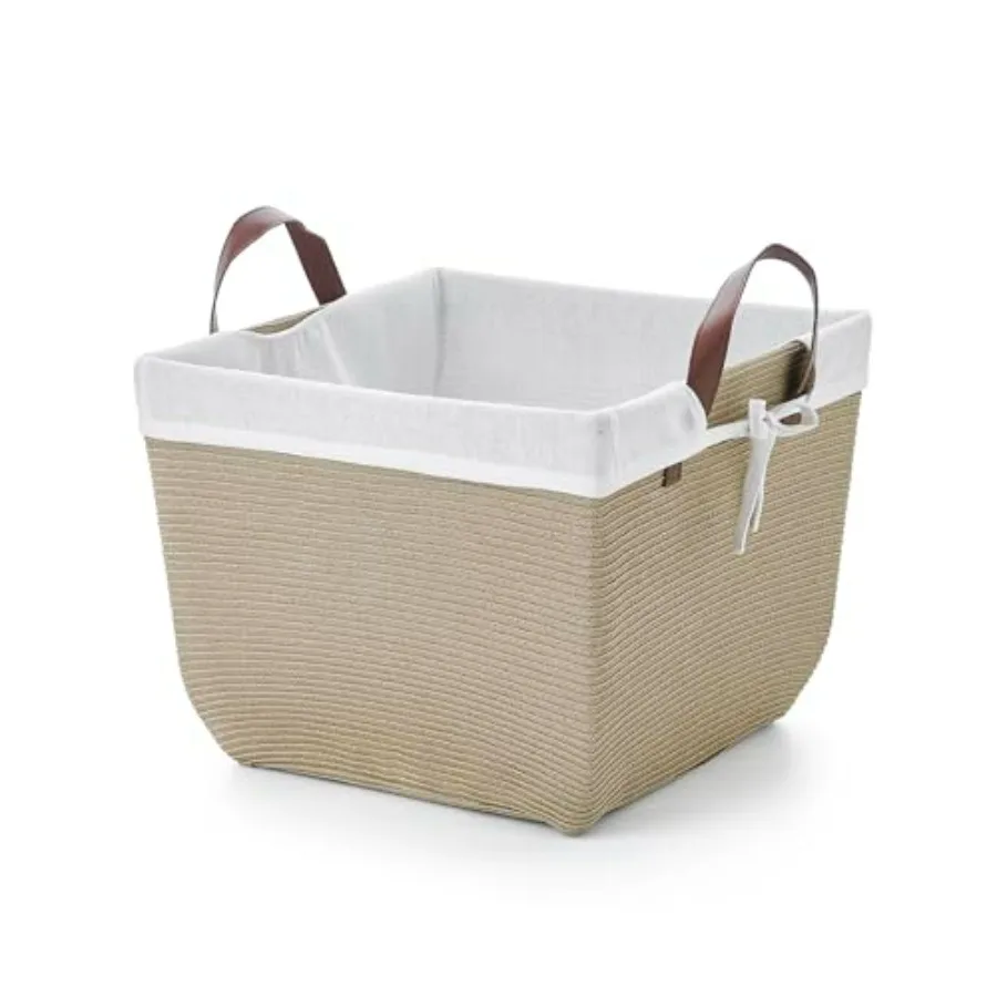 

Large Square Faux Wicker Lined Bin with Faux Leather Handles in Black for Modern Living Room Storage