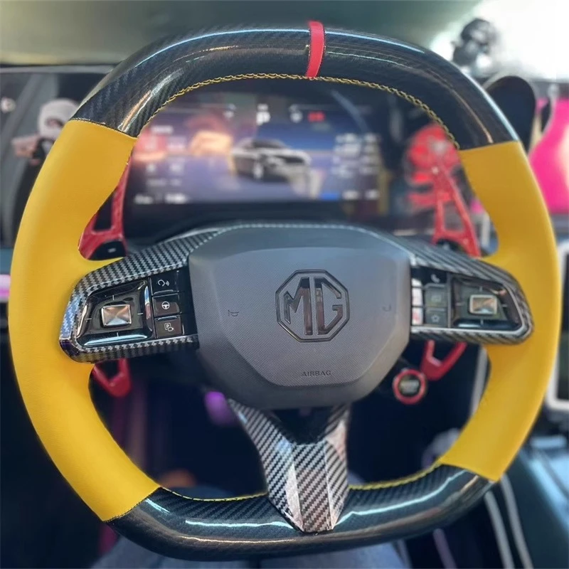 

Hand Stitched yellow Genuine leather Carbon Fiber non-slip car steering wheel Cover For MG7 2023 2024