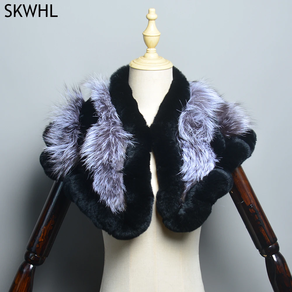 

Winter Women Long Genuine Knitted Fox Fur Scarf Real Rex Rabbit Fur Collar Warm Neck Stole Tassel Natural Silver Fox Fur Scarves