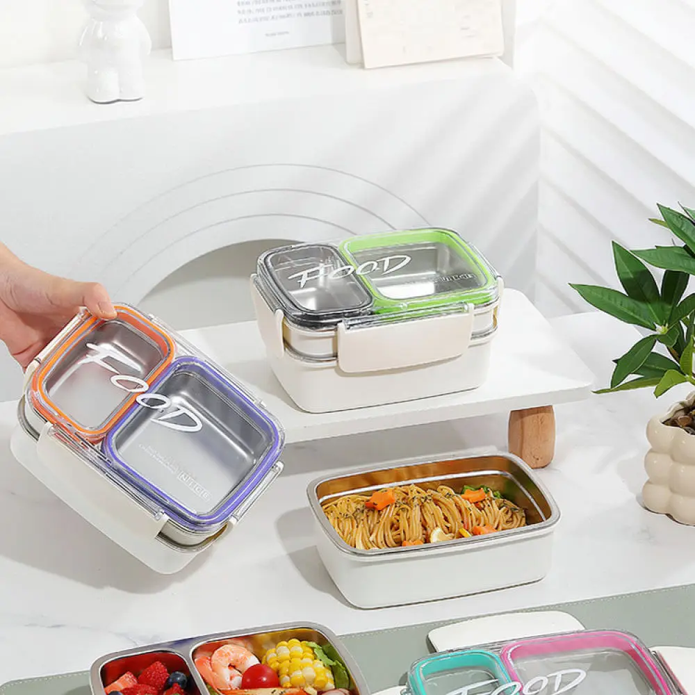 Modern Ins Style Stainless Steel Bento Box Two Grid Food Container Leakproof Lunch Box With Tableware For Office Use