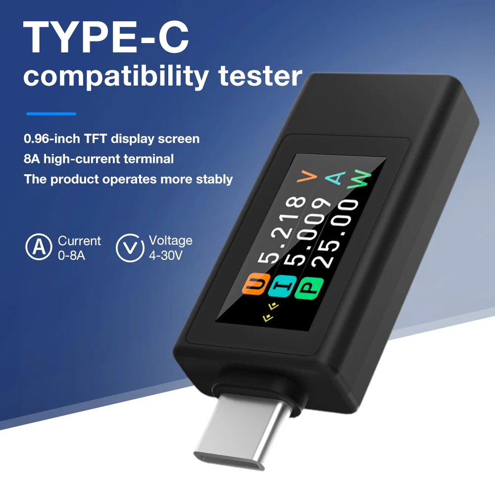 

KWS-1902L Type-C Charger Tester 0-8A Current 4-30V Voltage Meter Timing Ammeter Digital Color Screen Display Power Monitor