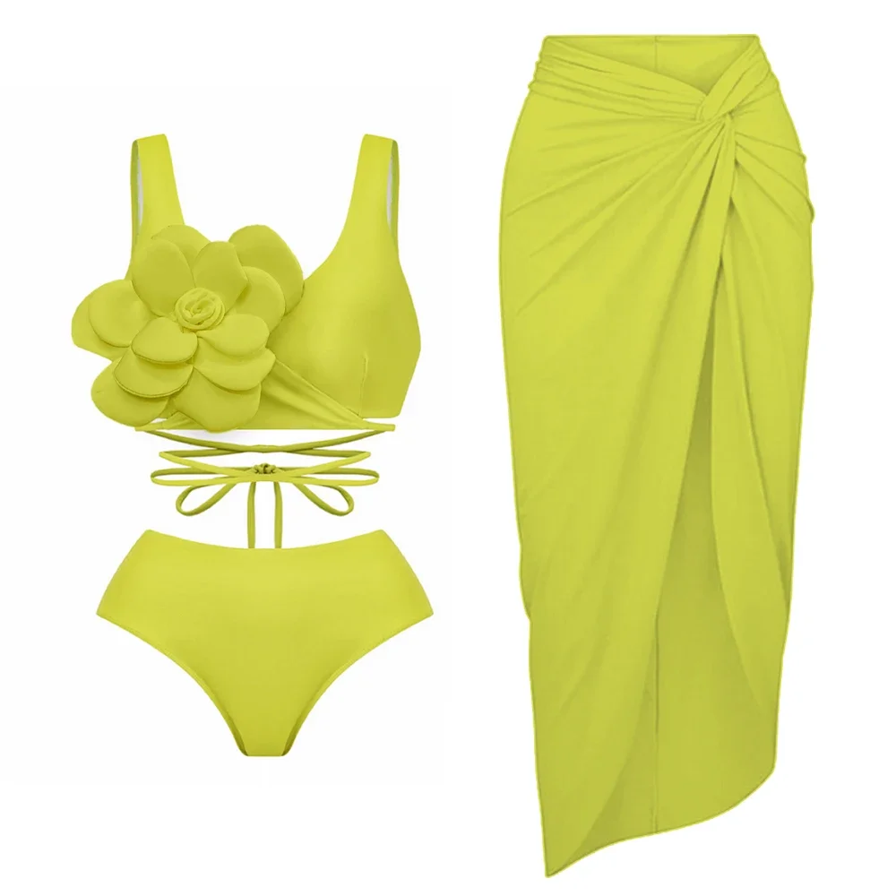 2025 جديد ثلاثية الأبعاد زهرة مجموعة البكيني مع التستر ملابس السباحة الفاخرة المرأة مثير ملابس عالية الخصر Monokini الرغبة ارتداءها لباس سباحة