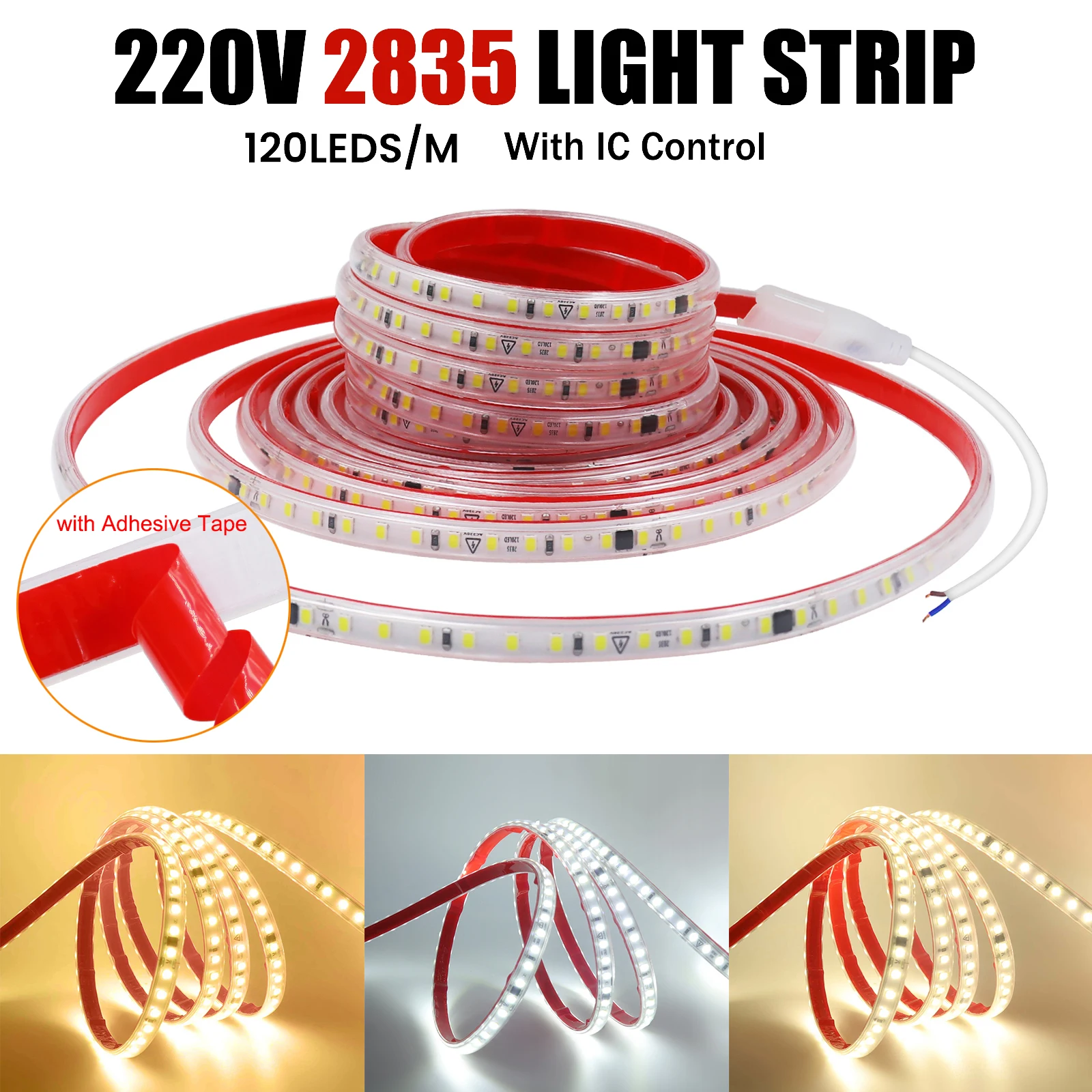 220V LED Strip Light with IC 10cm Cuttable 2835 120LEDs Flexible LED Tape Ribbon with Adhesive Tape Waterproof Soft Lamp Bar