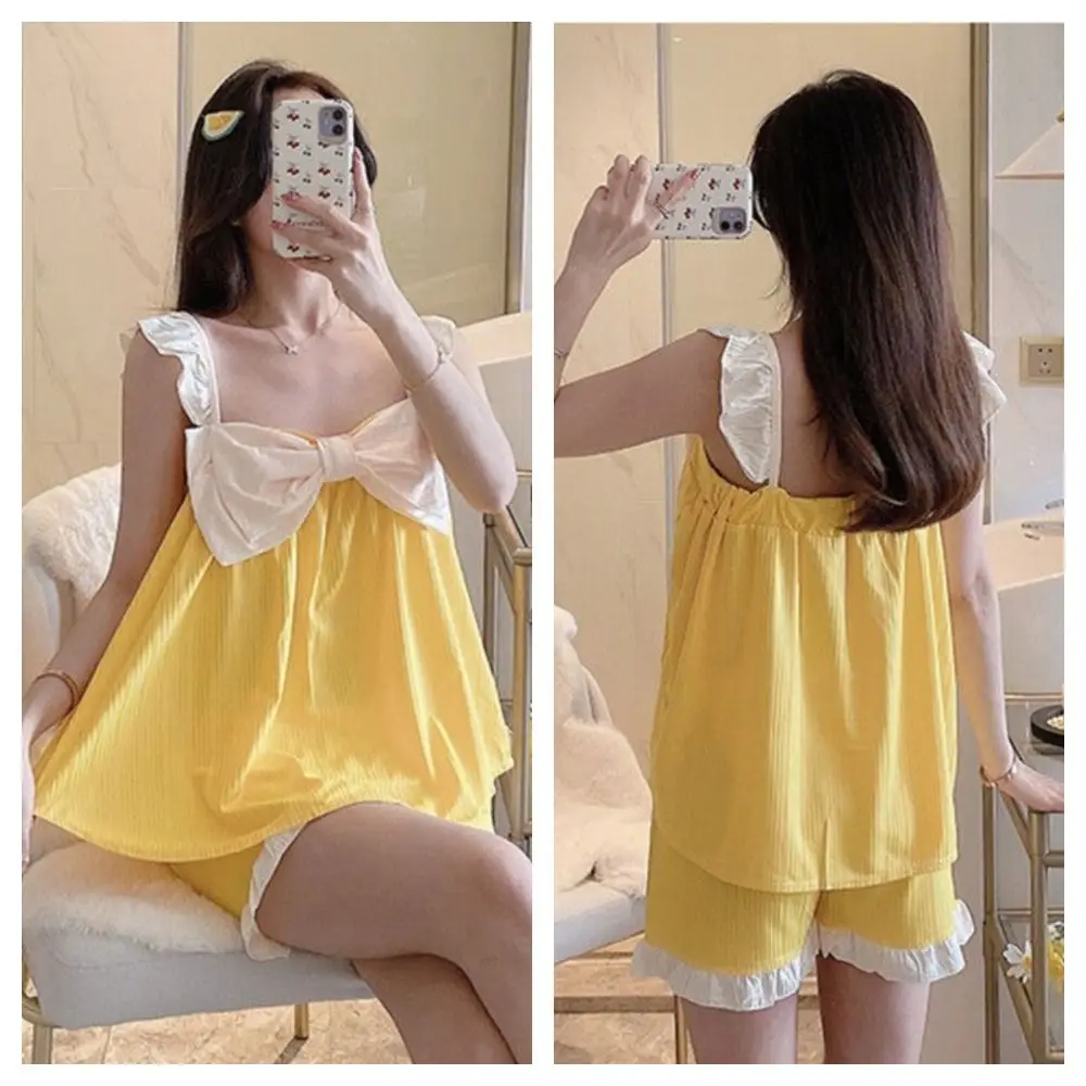 

Шорты на подтяжках с рюшами, пижамный костюм без рукавов, ледяной шелк, ночная рубашка из двух предметов, лоскутная женская домашняя одежда