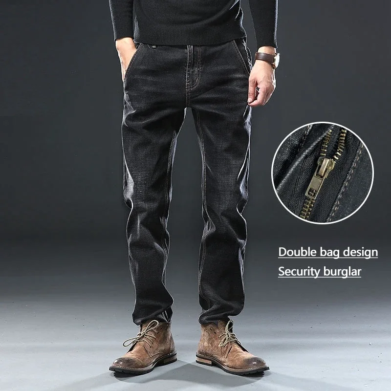 Plus Size 30-48 Men Jeans Casual Fashion Cotton Stretch Long Denim Pants Loose Slim Business Trousers Blue Black Grey