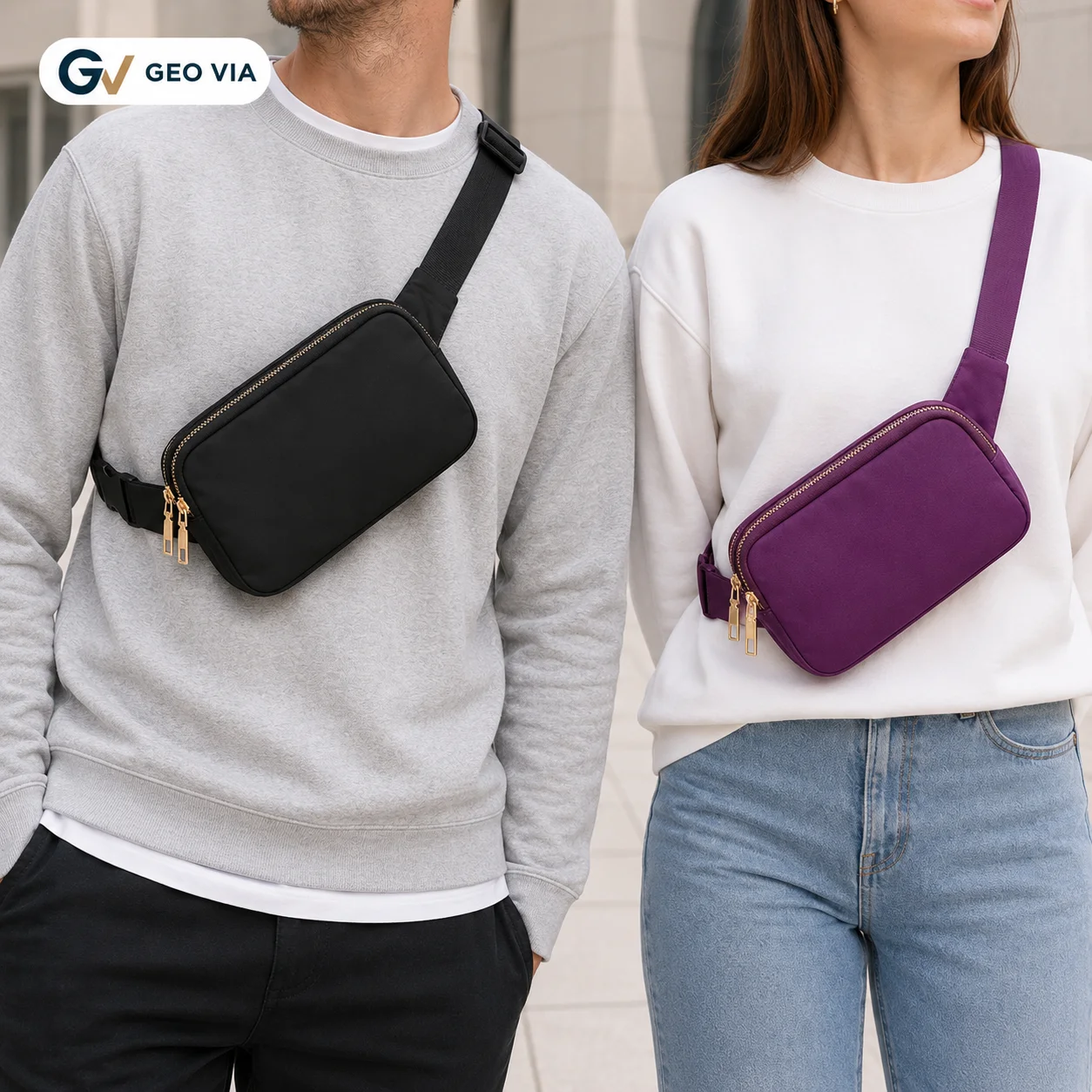 Vielseitige Unisex-Gürteltasche mit goldenem Doppelreißverschluss und verstellbarem Riemen, als Crossbody-Brusttasche für Reisen, Fitness und Festivals geeignet.