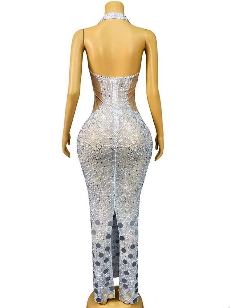 Vestido de mujer personalizado con lentejuelas y diamantes de imitación de alta calidad, vestido Sexy con cuello colgante y espalda descubierta, nueva moda 2025