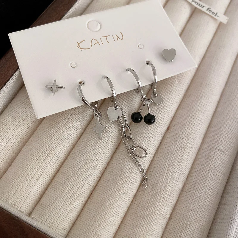 Asymmetric Love Heart Cherry Dangle Earrings Set Silver Color Elegant Set of Earrings 2022 Trend Girls Earring for Women jewelry