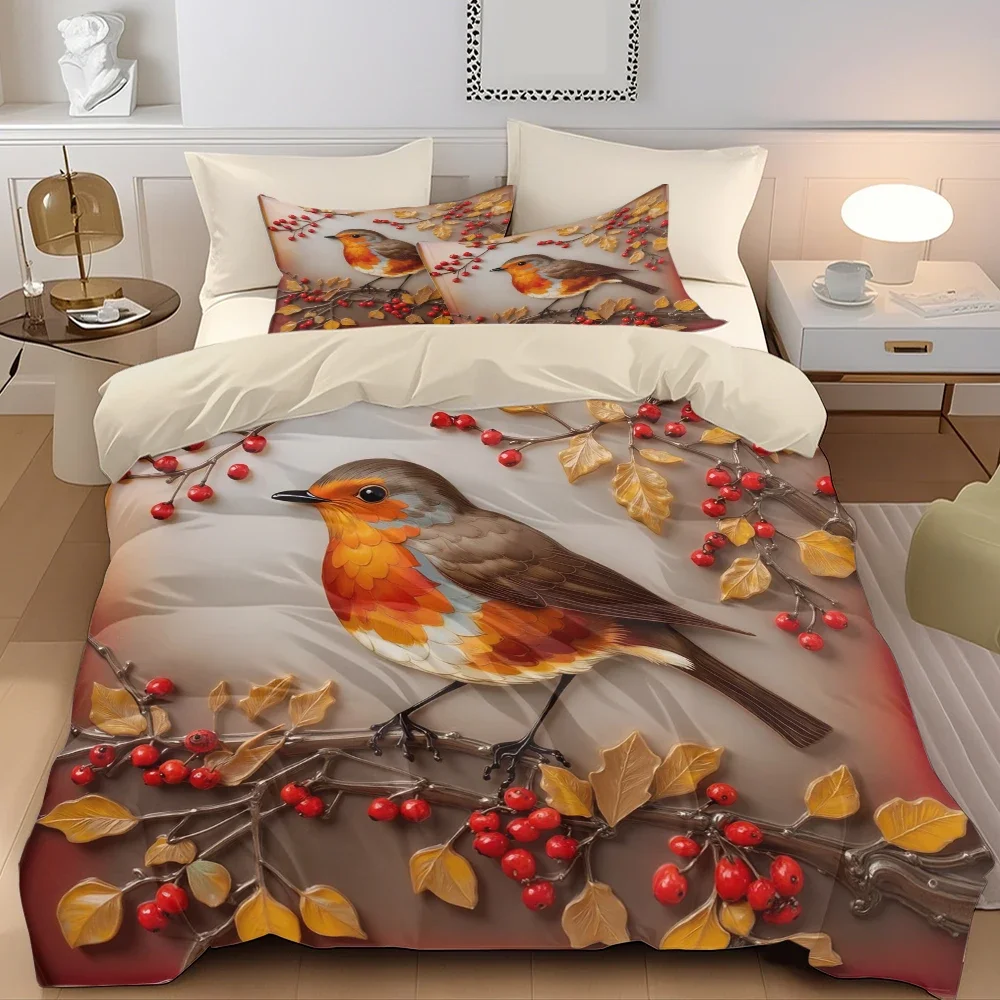 3pcs Robin and Tree Fruit Patterned Digital Printed Quilt Cover Set - Includes 1 Quilt Cover and 2 Pillow Cover (without Filler)