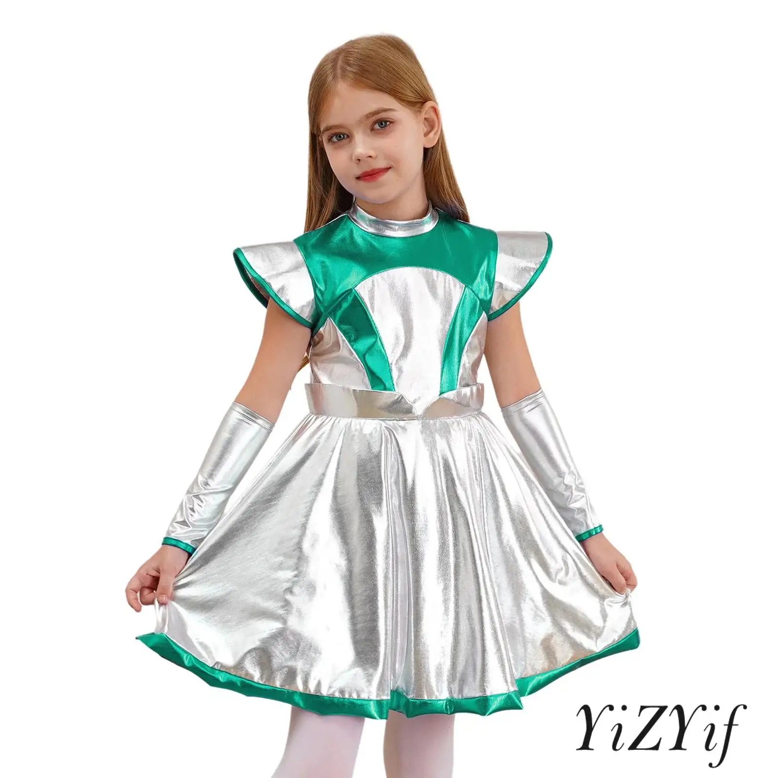 

Girls Alien Cosplay Costume Outer Space Cutie Costume Robot Outfits Cap Sleeve Shimmering PU Patchwork Dress with Arm Sleeve