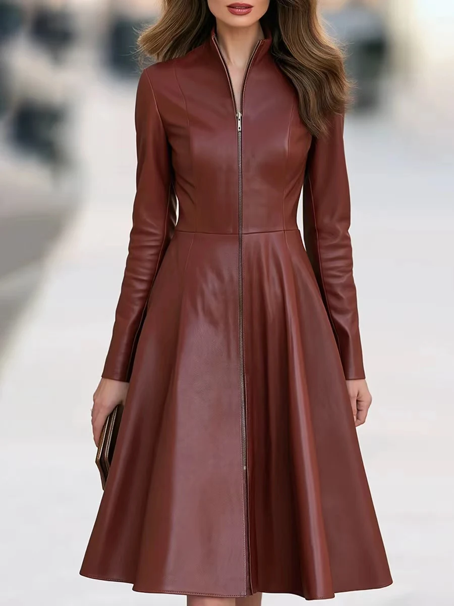 Neue schmale Langarm-Kleider für Damen, Stehkragen, Damenkleid aus PU-Leder, A-Linien-Kleid, Damen-Sommerkleider Q7231 – Detail 5