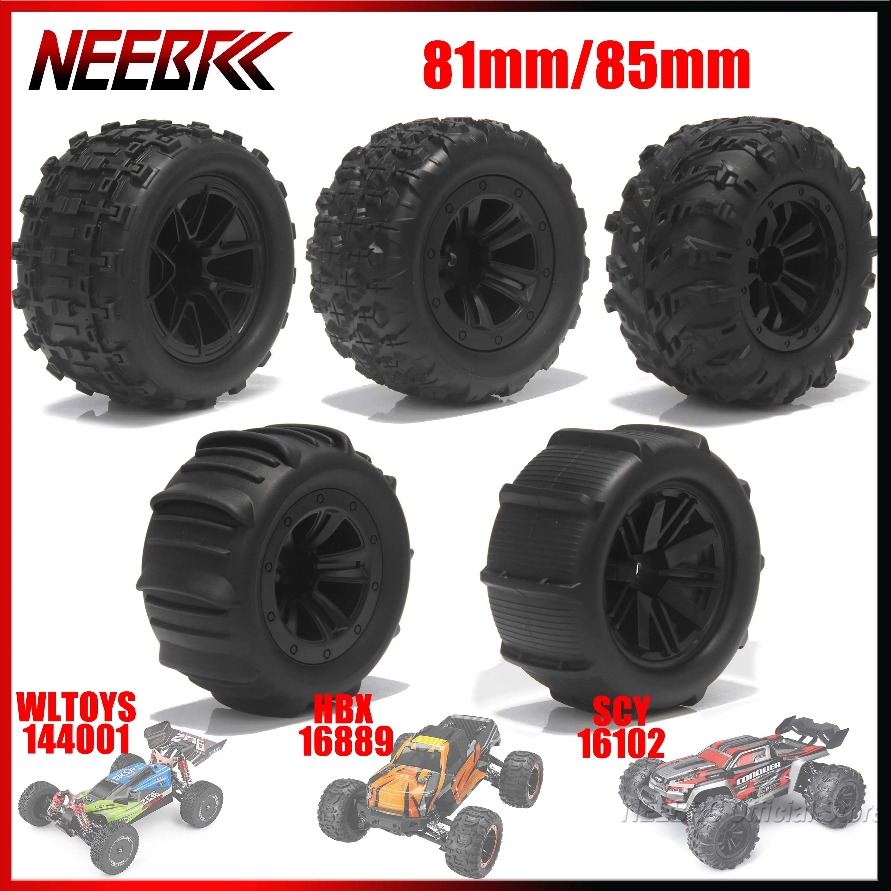 

4PCS 81mm/85mm Rubber Tyre Wheel Rim Tire Hex Hub for RC Off-road Vehicle Car WLTOYS 144001 144010 HBX 16889 16890 SCY16101 Pro