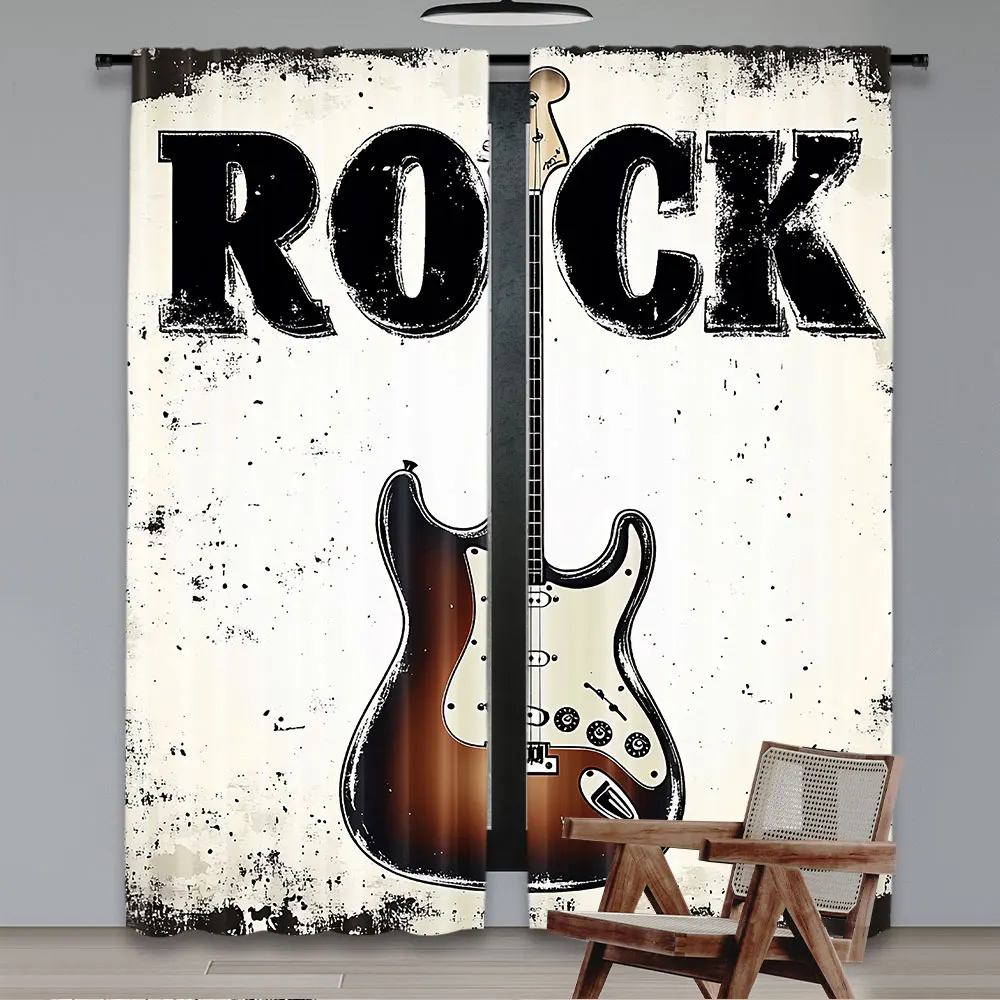 2Pcs Rock Music Curtains Detailed Guitar With Strings Retro Halftone Suitable For Living Room And Bedroom 29.53X65.35In